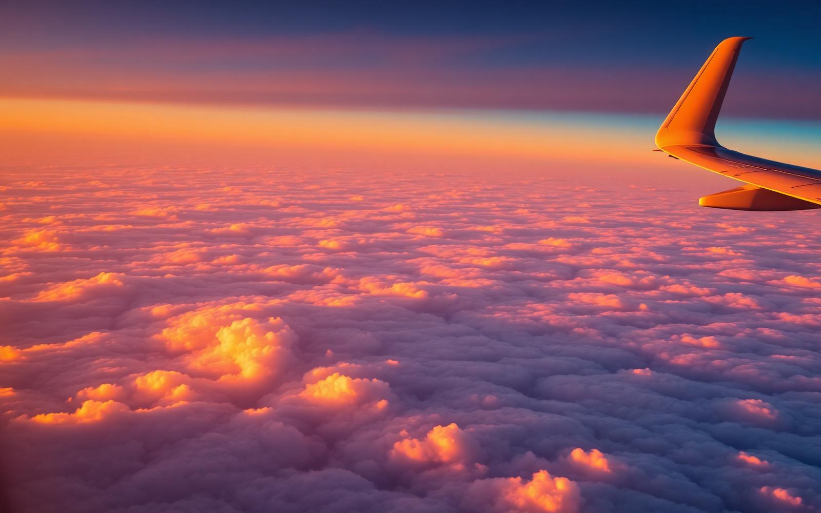Airplane wing above golden sunset clouds
