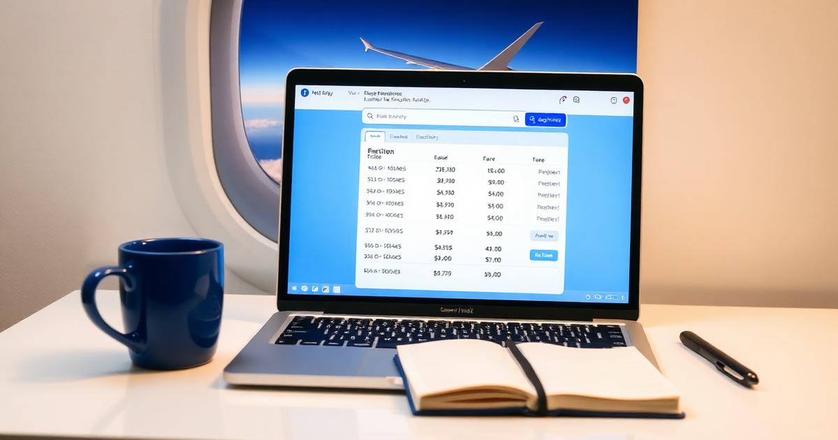 Person searching for flight deals on a laptop with a world map and price tags
