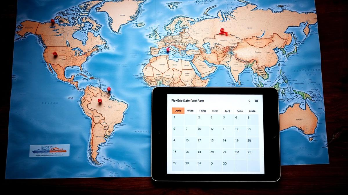 Flexible-date fare calendar next to a pinned world map